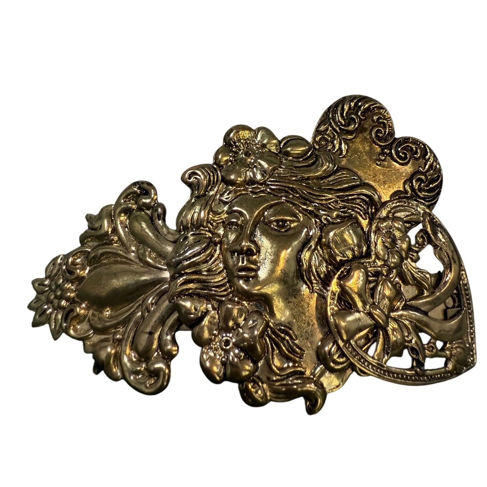 VTG Gold Tone Goddess Figural‎ Barrette Hair Clip, Romantic Renaissance Style